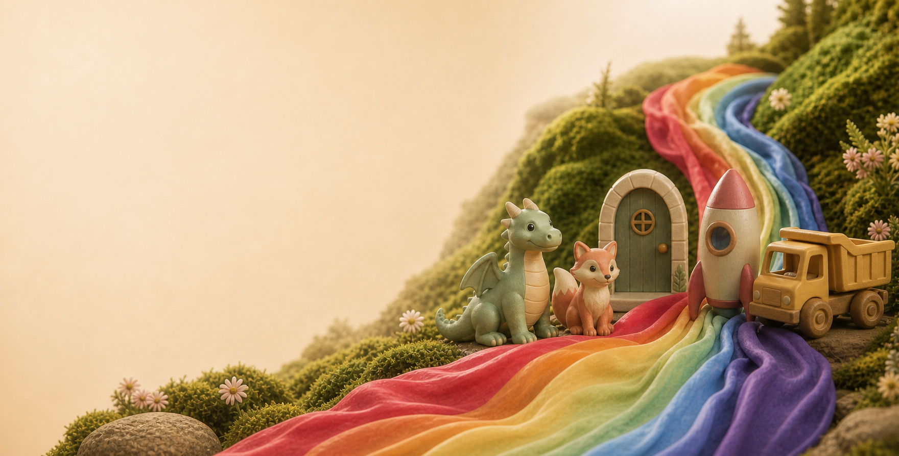 A dragon, fox, doorway, rocket, and construction truck gathered beside a flowing Rainbow Hero Cloak